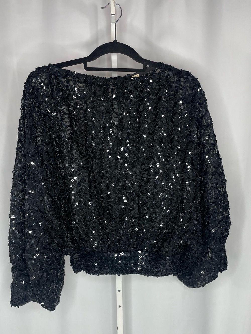 St. Martin Black Sequin Beaded Blouse M Sheer Balloon Sleeve Evening Vintage